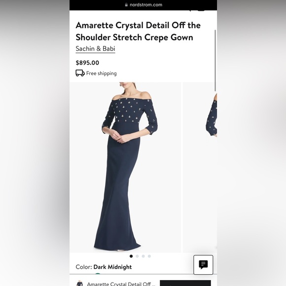 NWOT- SACHIN & BABI Amarette Crystal Detail Off the Shoulder Stretch Crepe Gown - Picture 2 of 16